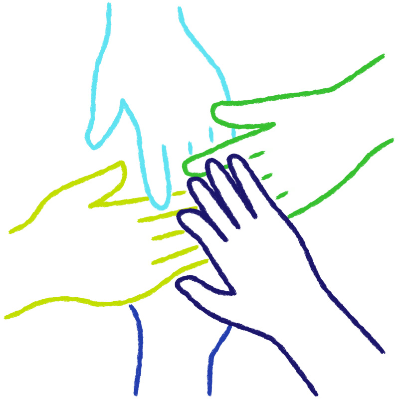 Fünf Hände, die überander liegen und sich berühren